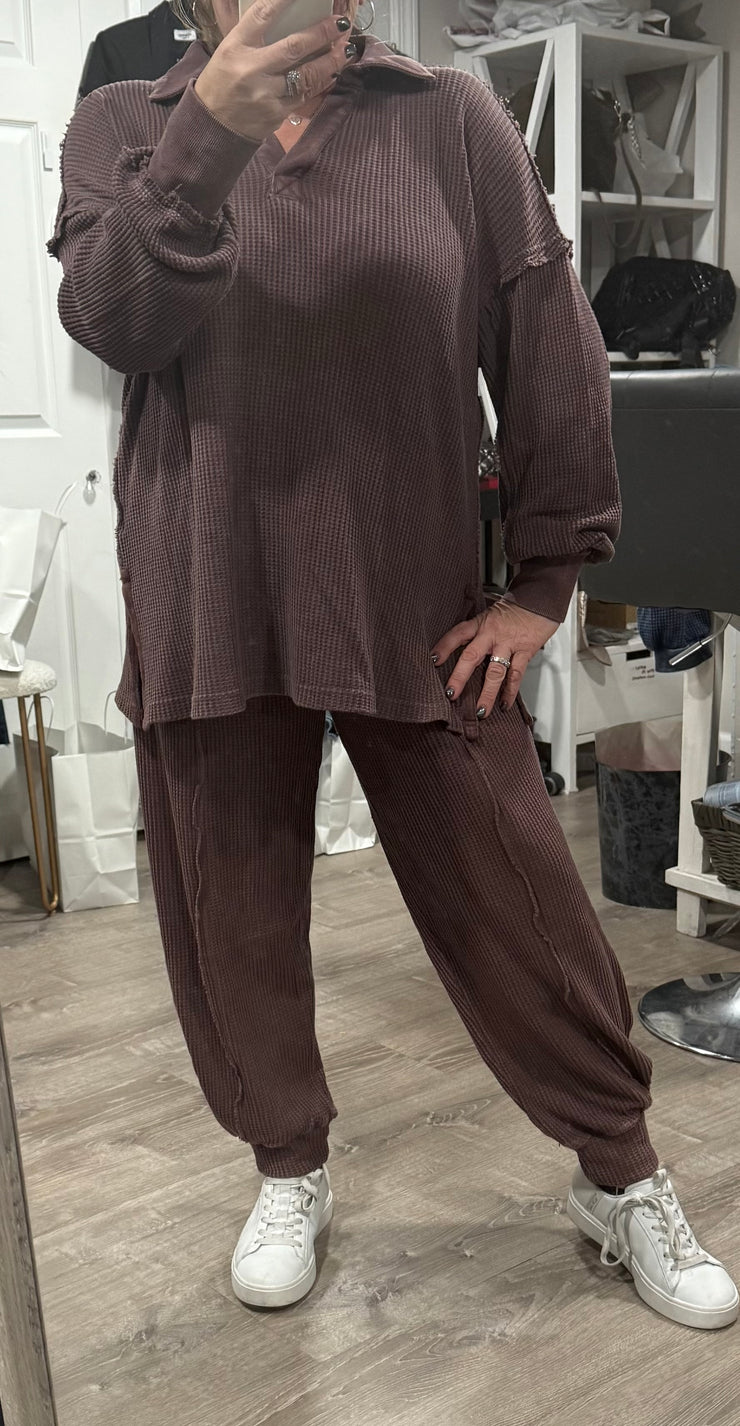 Dark Cherry Waffle Collar Top With Matching Pant- SET