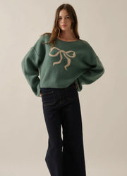 Pine Green/Sand Contrast Ribbon-Bow Sweater
