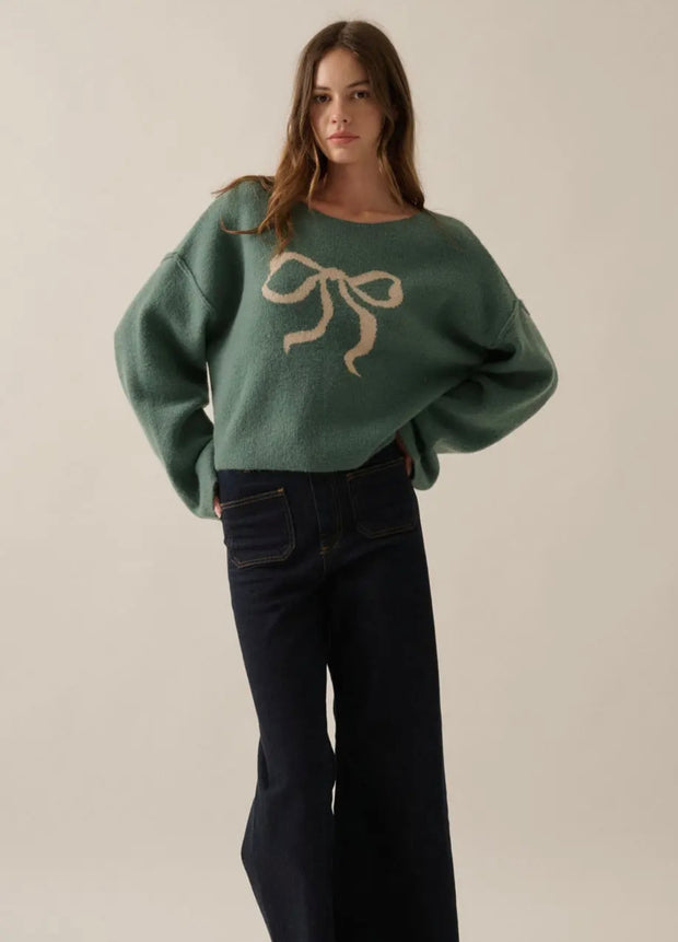 Pine Green/Sand Contrast Ribbon-Bow Sweater