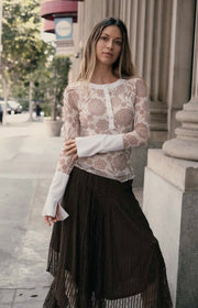 Cream Floral Mesh Raglan Henley Top