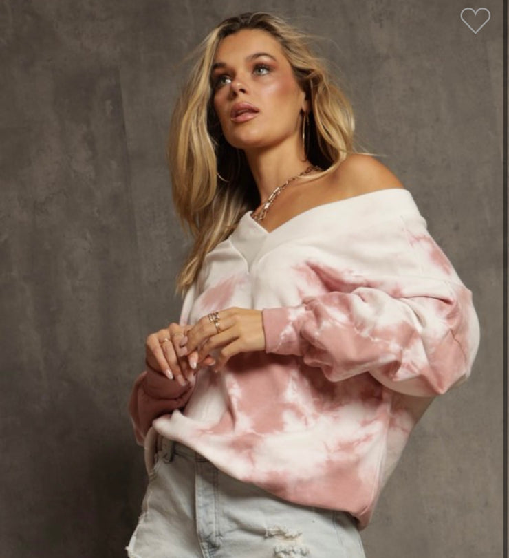 Mauve Tie Dye Cotton V Neck French Terry Sweatshirt
