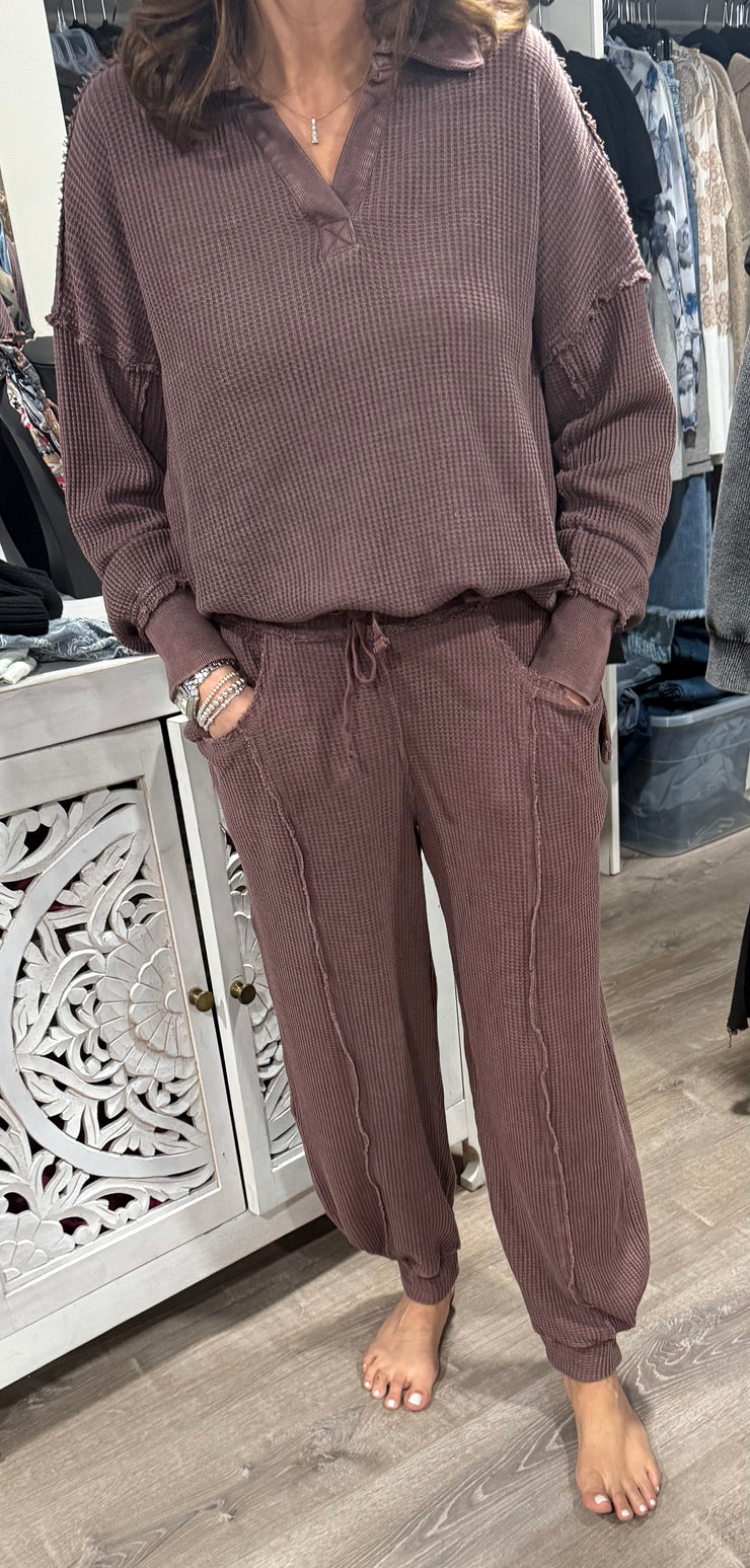 Dark Cherry Waffle Collar Top With Matching Pant- SET