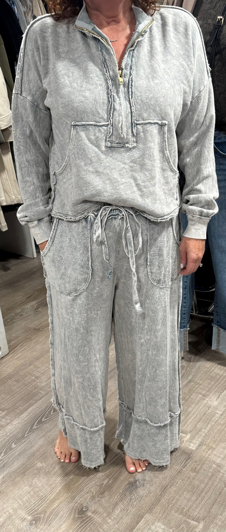 Mineral Wash Raw Hem Detail Half Zip Pocket Top With Matching Wide Leg Pants- Available in Silver Grey or Ash Oak