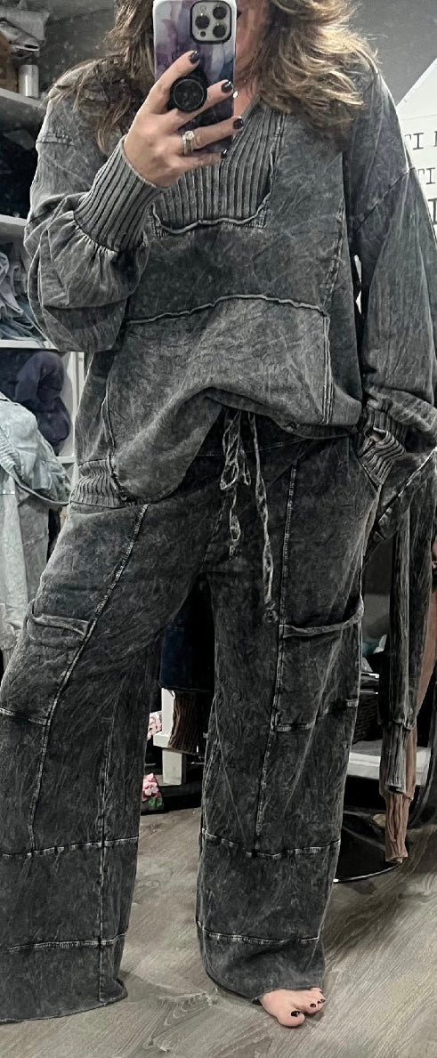 Ash Black Mineral Wash V Neck Hoodie With Matching Wide Leg Pants SET