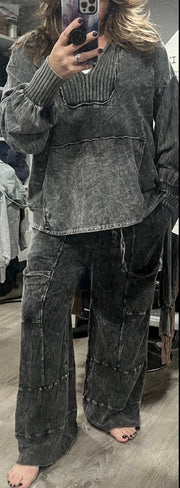 Ash Black Mineral Wash V Neck Hoodie With Matching Wide Leg Pants SET