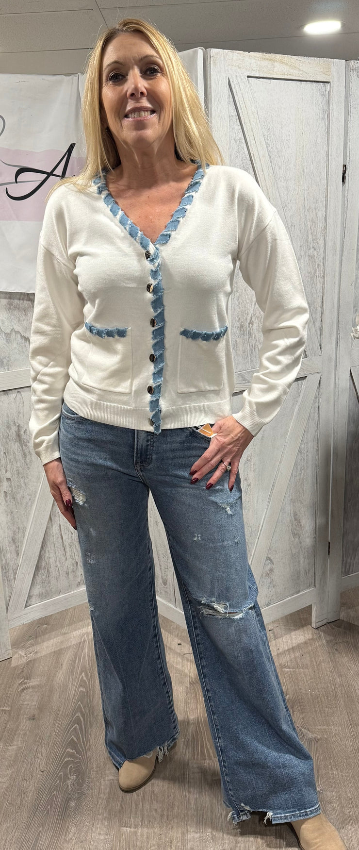 White Denim Detail Knit Sweater