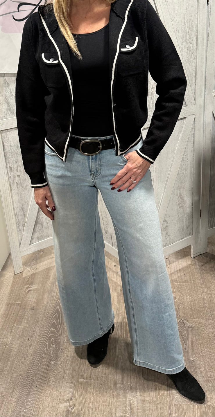 Black Hooded Flow Sweater With Contrast