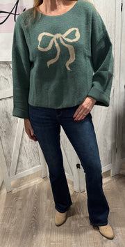 Pine Green/Sand Contrast Ribbon-Bow Sweater