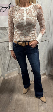 Cream Floral Mesh Raglan Henley Top