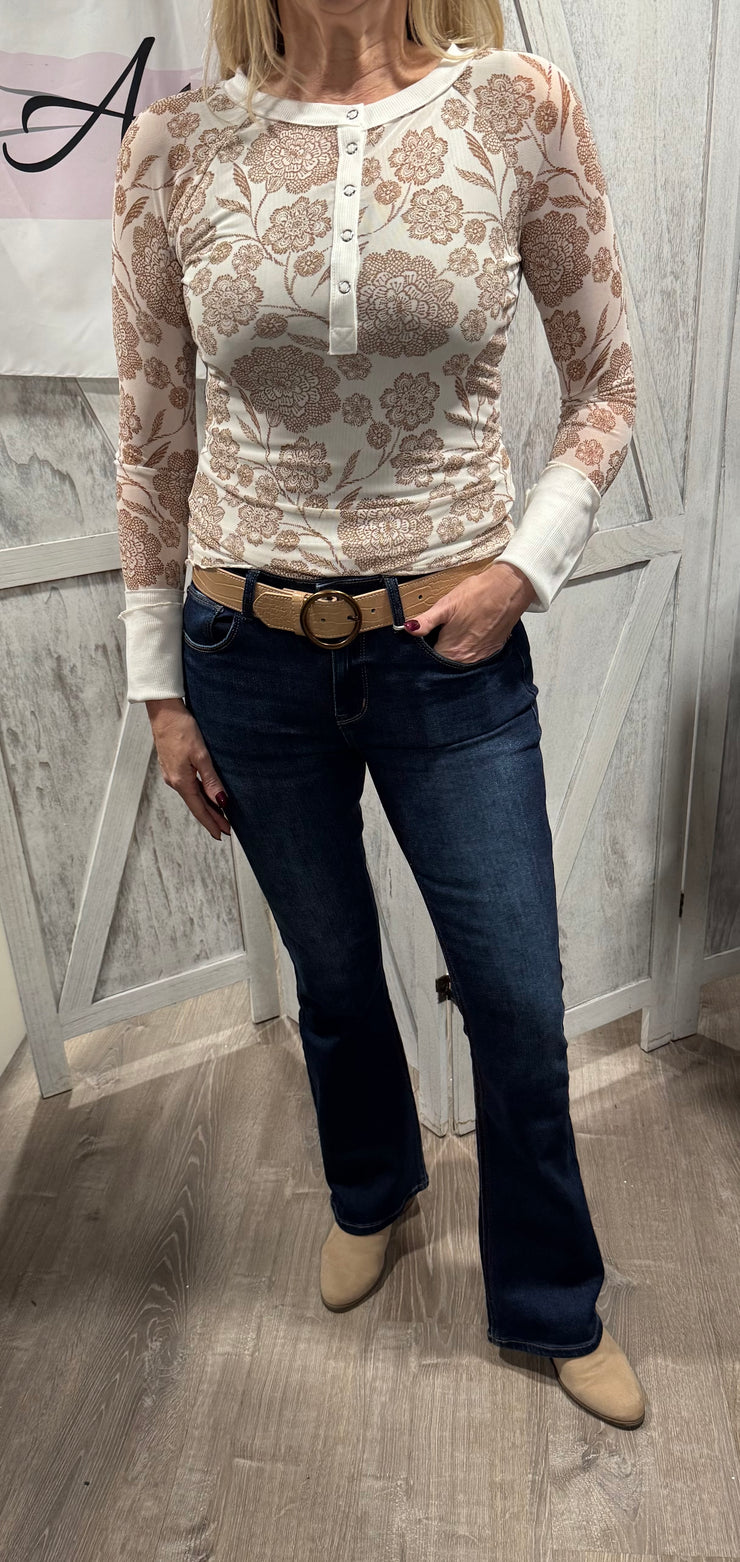 Cream Floral Mesh Raglan Henley Top