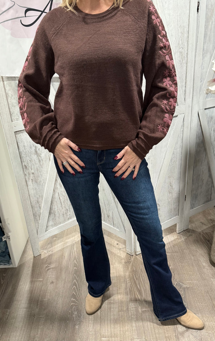 Solid Sweater With Floral Embroidered Sleeves- Available in Brown & Black