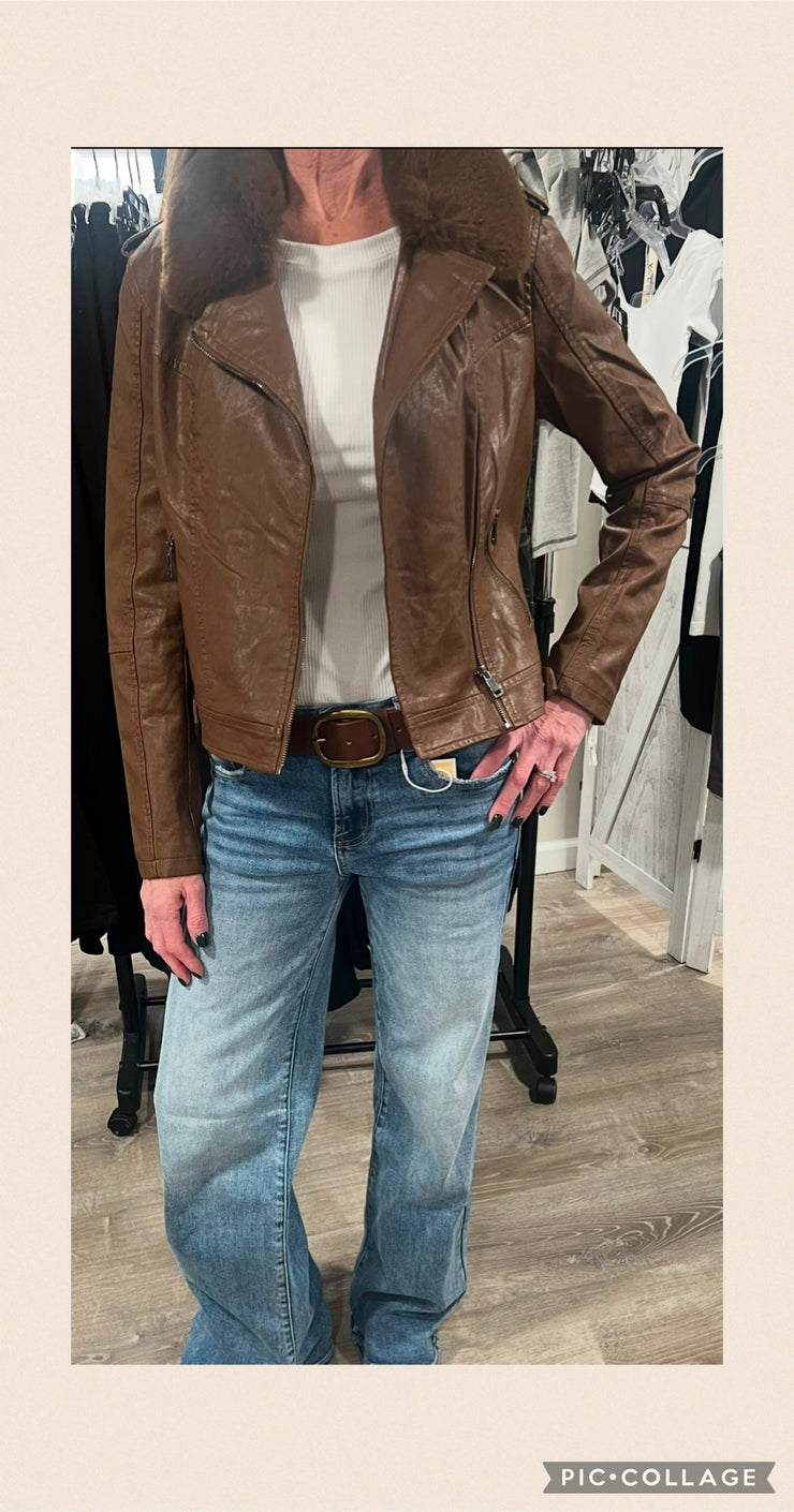 Camel Vegan Leather Biker Jacket With Detachable Fur Collar