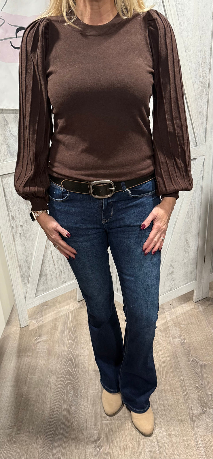 Solid Sweater With Stripe Texture Sleeve Detail- Available in Chocolate & Marble Blue