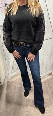 Solid Sweater With Floral Embroidered Sleeves- Available in Brown & Black