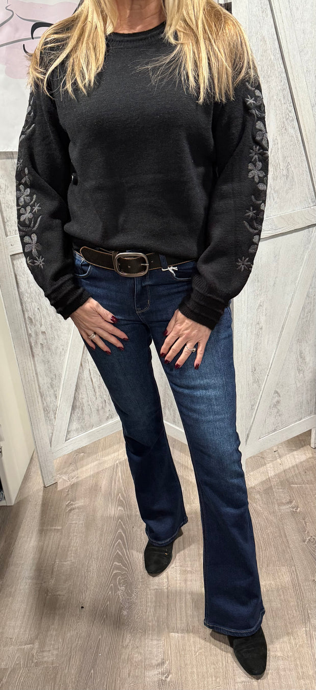 Solid Sweater With Floral Embroidered Sleeves- Available in Brown & Black