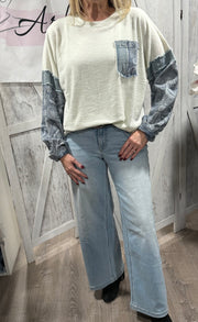 Light Blue Bandana Pattern Print Thermal Knit Pullover