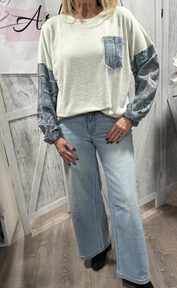 Light Blue Bandana Pattern Print Thermal Knit Pullover