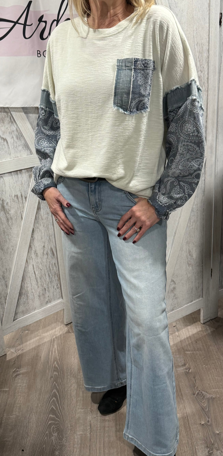 Light Blue Bandana Pattern Print Thermal Knit Pullover