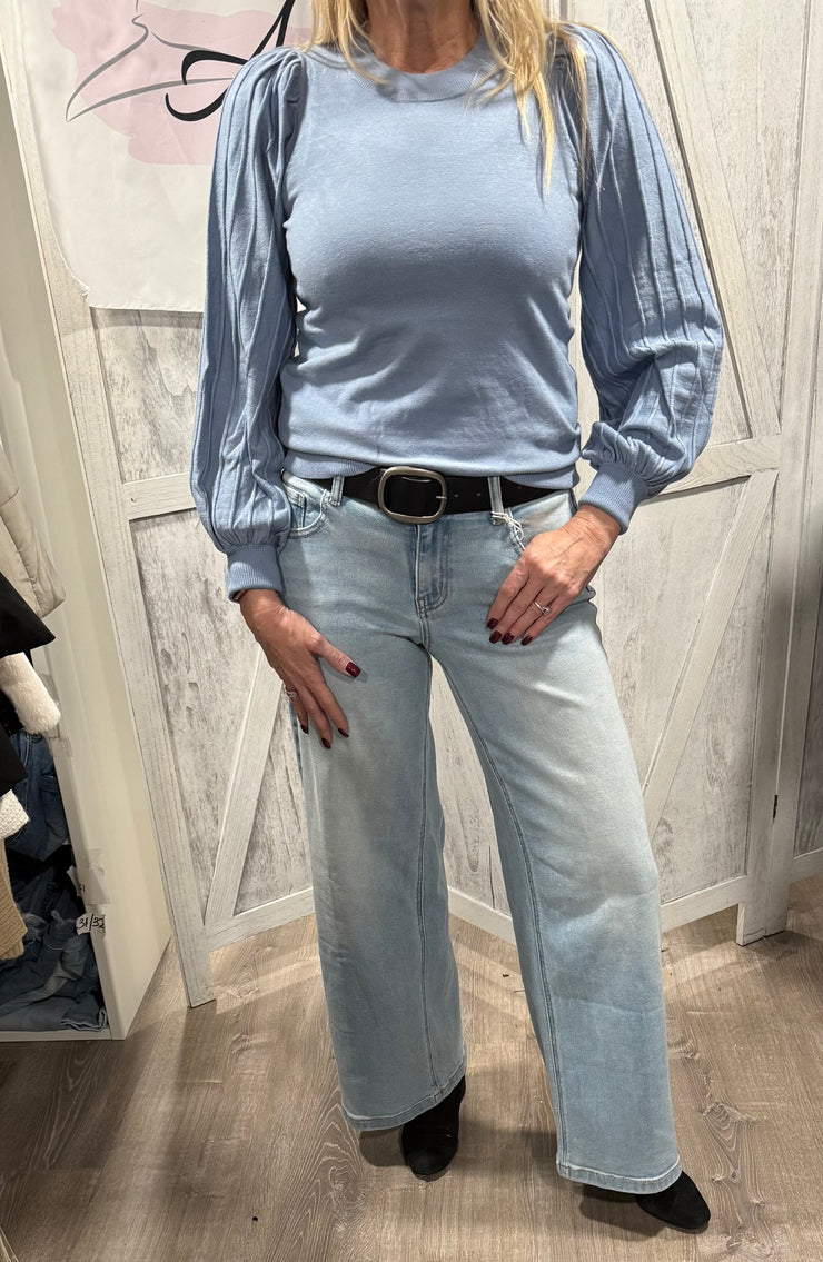 Solid Sweater With Stripe Texture Sleeve Detail- Available in Chocolate & Marble Blue