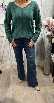 Dark Green Cable V Neck Sweater