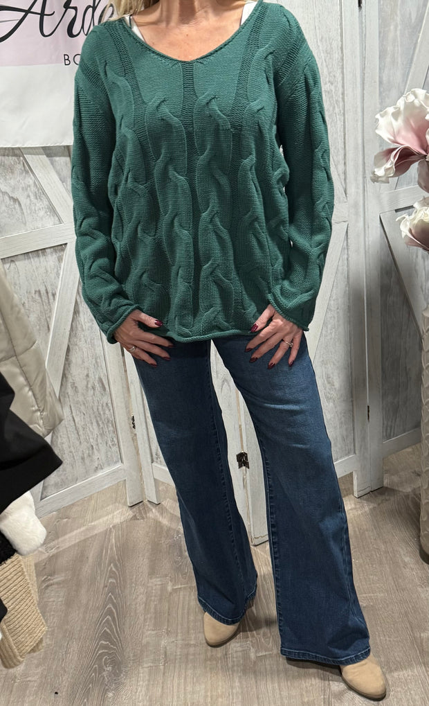 Dark Green Cable V Neck Sweater