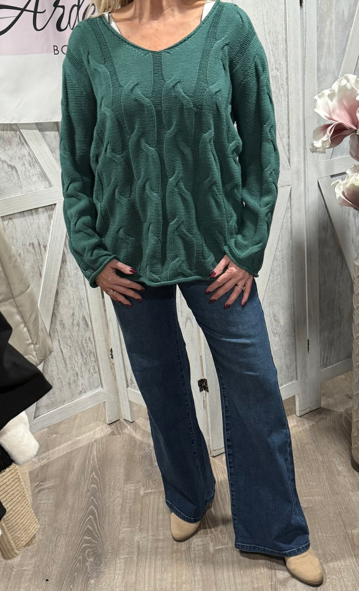 Dark Green Cable V Neck Sweater