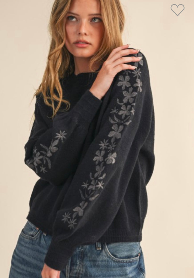 Solid Sweater With Floral Embroidered Sleeves- Available in Brown & Black