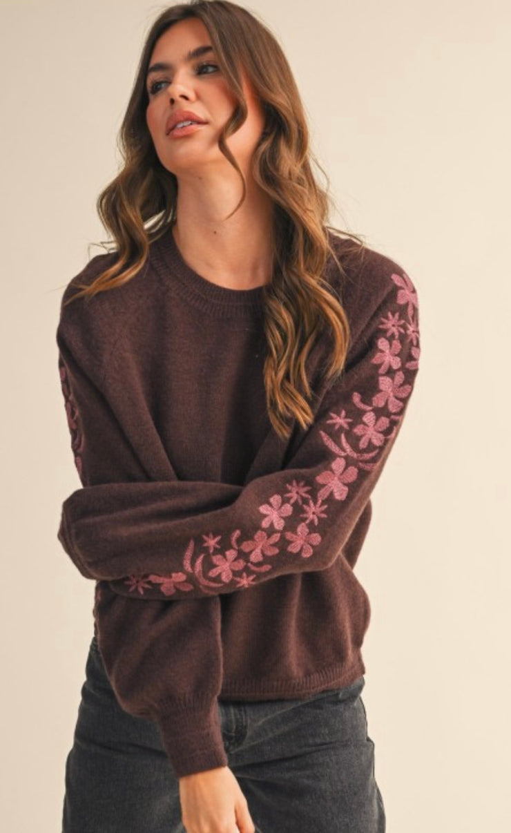 Solid Sweater With Floral Embroidered Sleeves- Available in Brown & Black