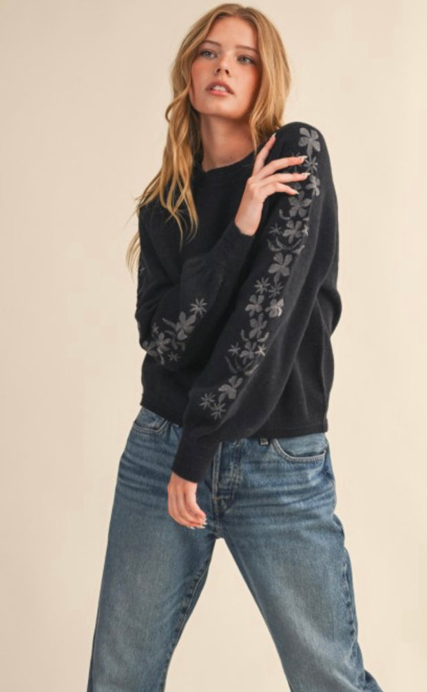 Solid Sweater With Floral Embroidered Sleeves- Available in Brown & Black