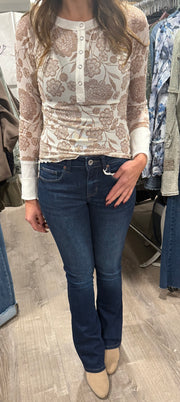 Cream Floral Mesh Raglan Henley Top