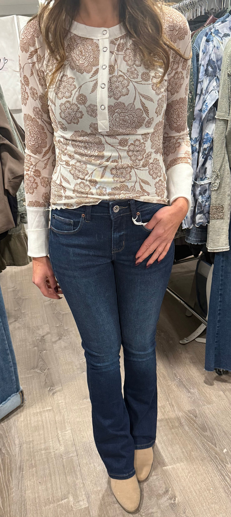 Cream Floral Mesh Raglan Henley Top