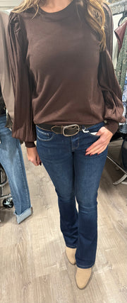 Solid Sweater With Stripe Texture Sleeve Detail- Available in Chocolate & Marble Blue