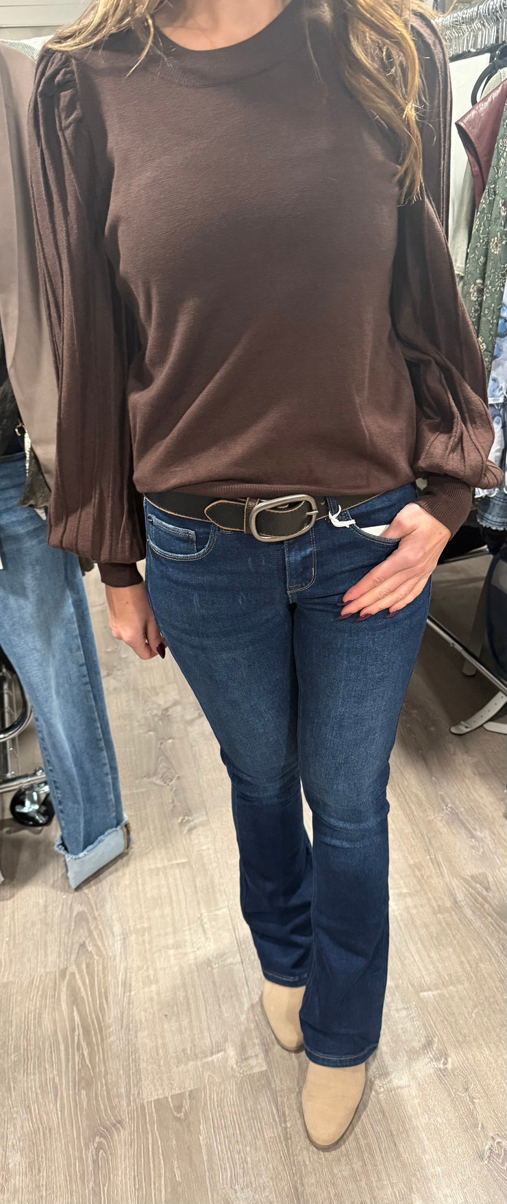 Solid Sweater With Stripe Texture Sleeve Detail- Available in Chocolate & Marble Blue