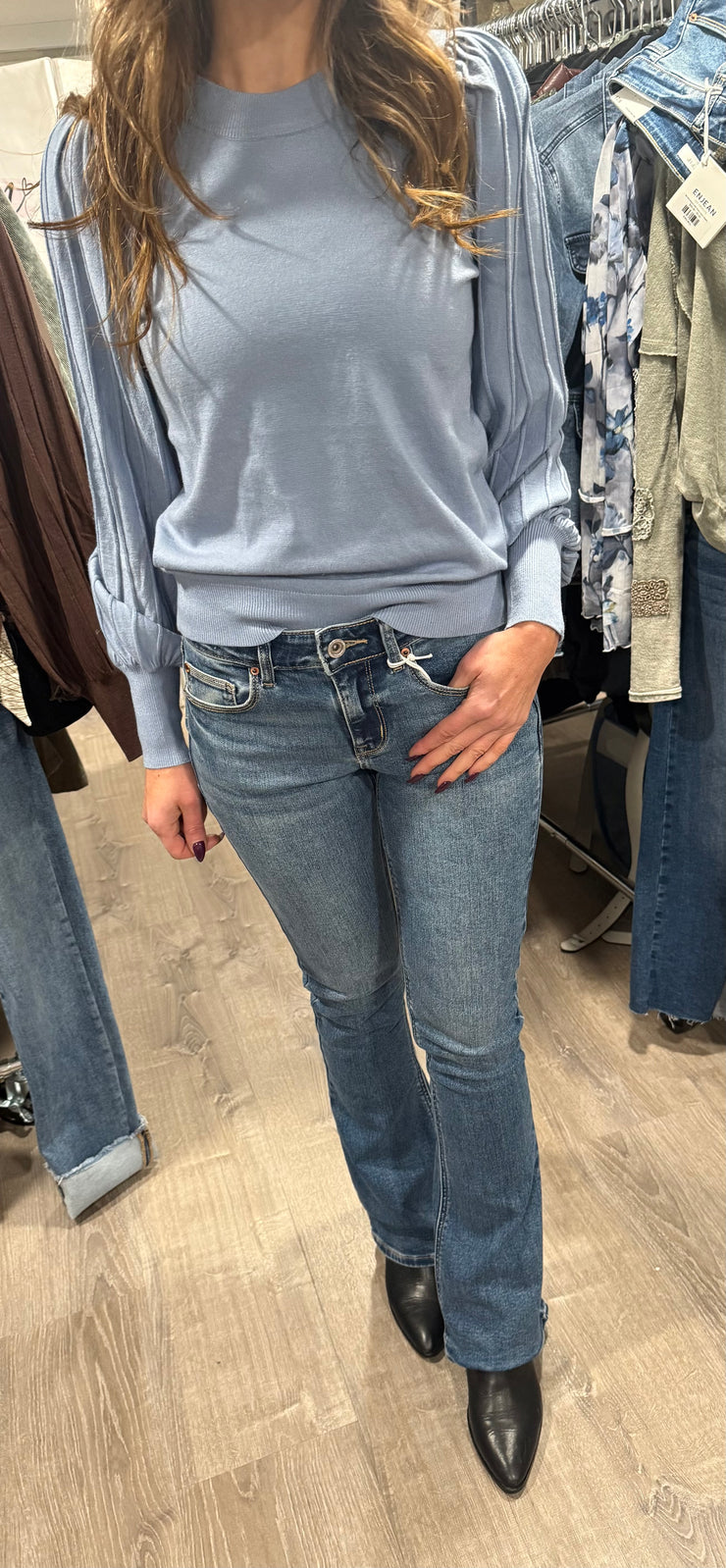 Solid Sweater With Stripe Texture Sleeve Detail- Available in Chocolate & Marble Blue