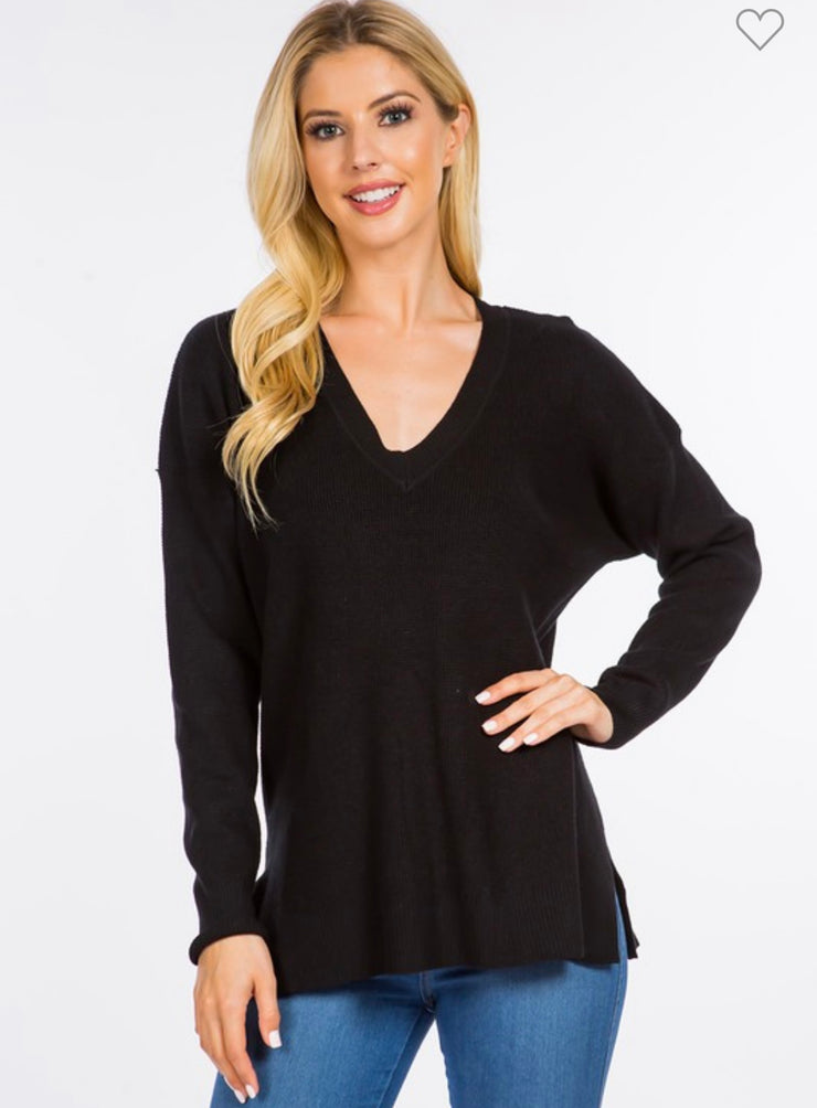 Black Waffle Knit V Neck Top