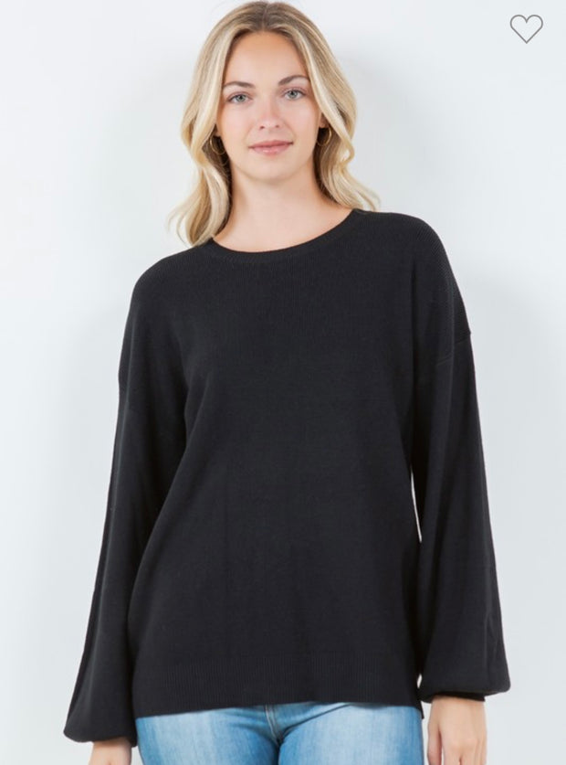 Black Long Sleeve Crew Neck Ribbed Pullover Sweater Top