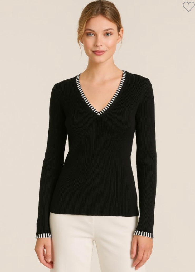 Black Ribbed V Neck Top With Striped Accent Detail