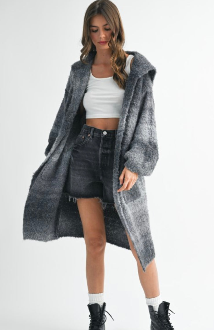 Gray Multi Hooded Cardigan With Pockets