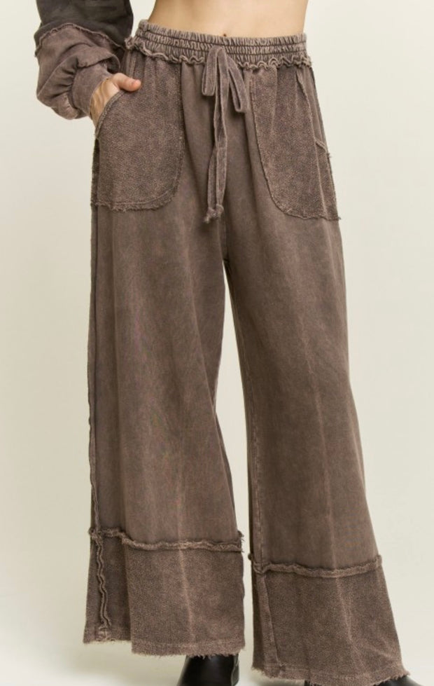 Mineral Wash Raw Hem Detail Half Zip Pocket Top With Matching Wide Leg Pants- Available in Silver Grey or Ash Oak