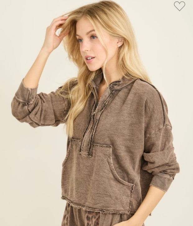 Mineral Wash Raw Hem Detail Half Zip Pocket Top With Matching Wide Leg Pants- Available in Silver Grey or Ash Oak
