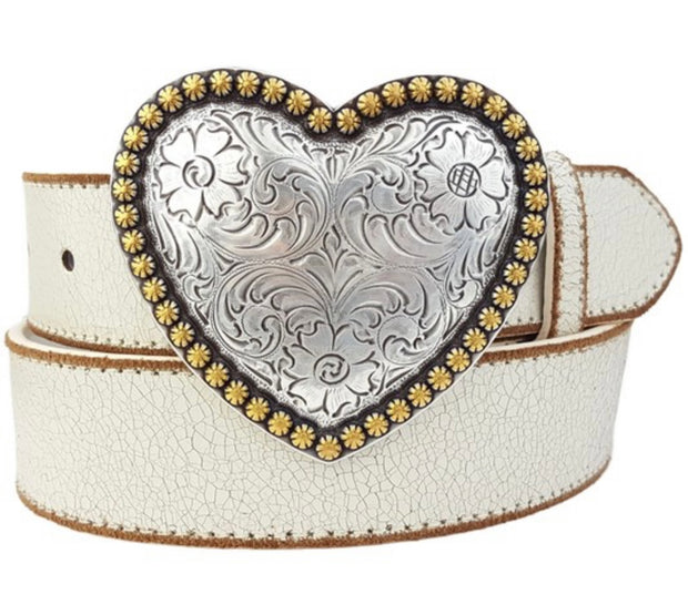 Western Heart Buckle Vintage Leather Belt- Available in Black or Cream
