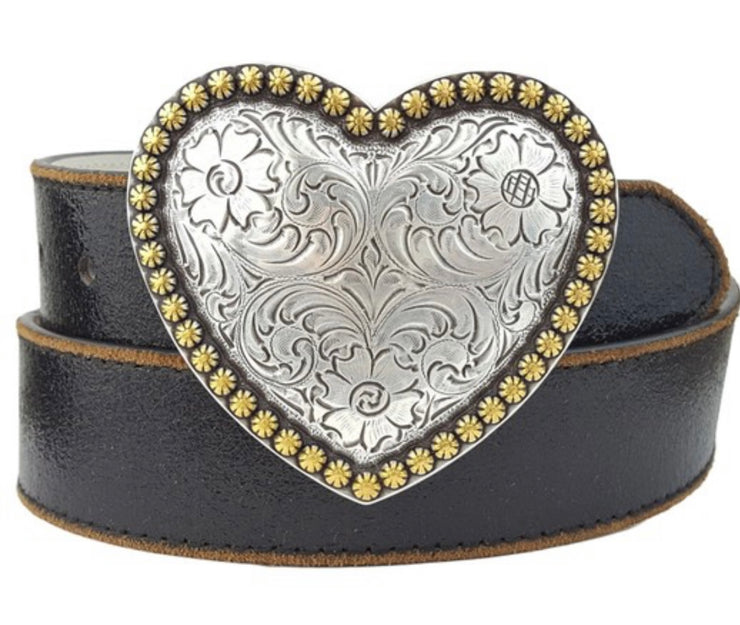 Western Heart Buckle Vintage Leather Belt- Available in Black or Cream