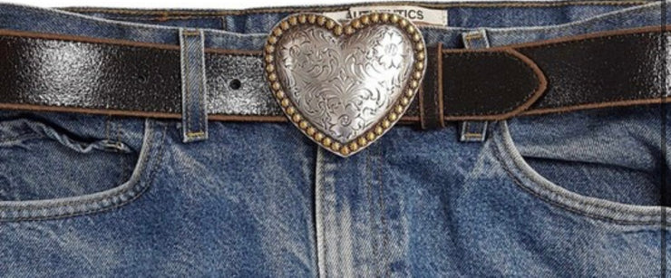Western Heart Buckle Vintage Leather Belt- Available in Black or Cream