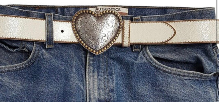 Western Heart Buckle Vintage Leather Belt- Available in Black or Cream