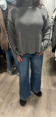 Grey Ribbed Mock Neck Sweater With Black Stitching