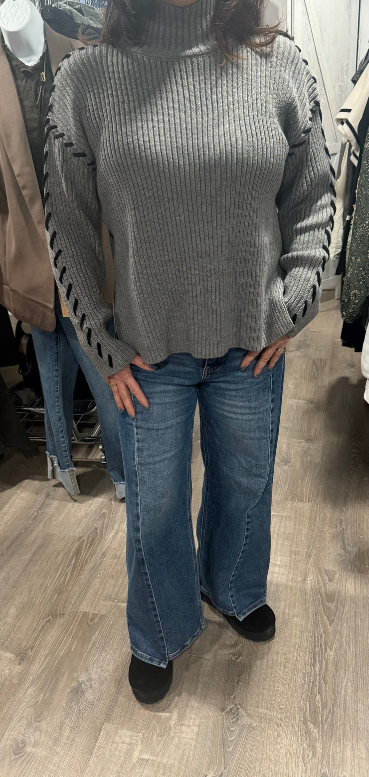 Grey Ribbed Mock Neck Sweater With Black Stitching