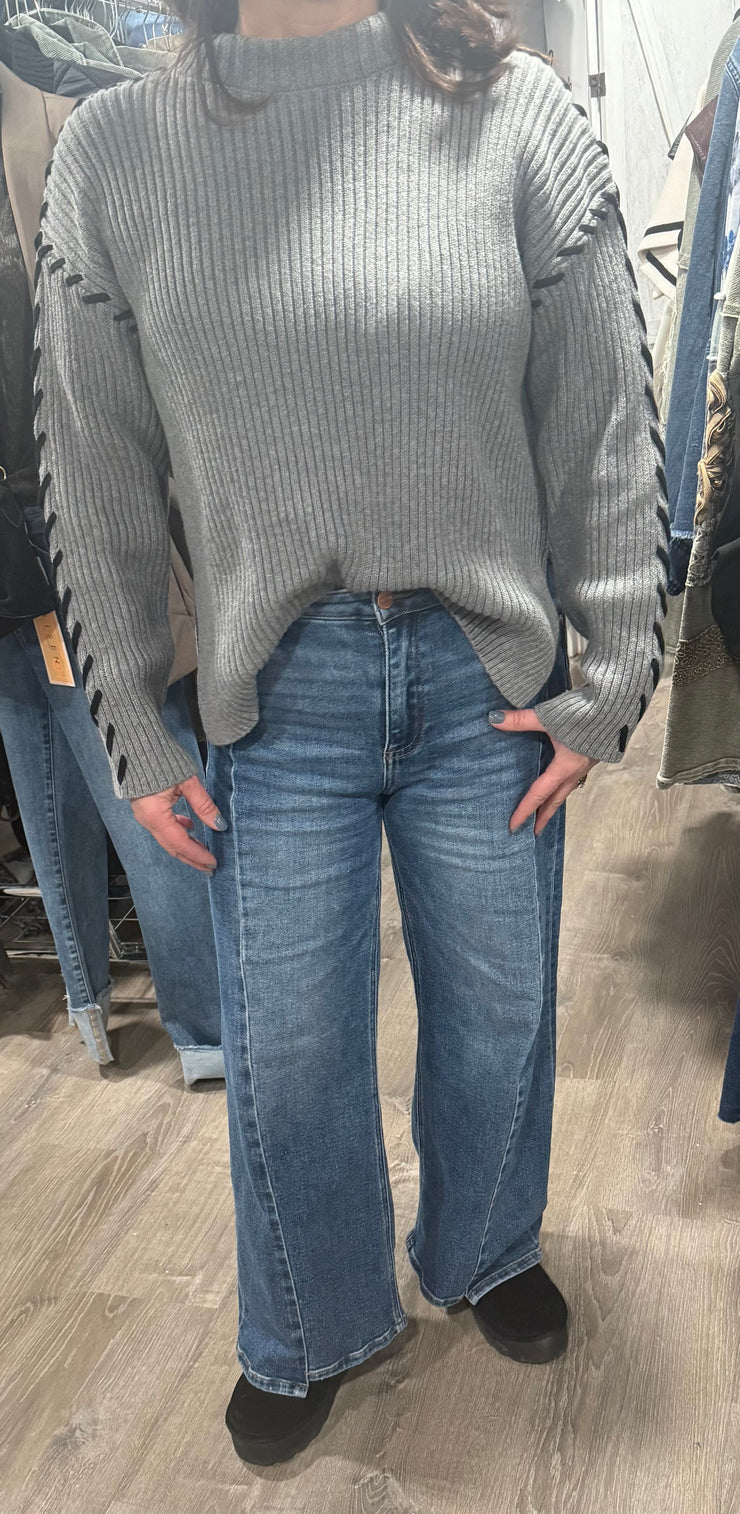 Grey Ribbed Mock Neck Sweater With Black Stitching