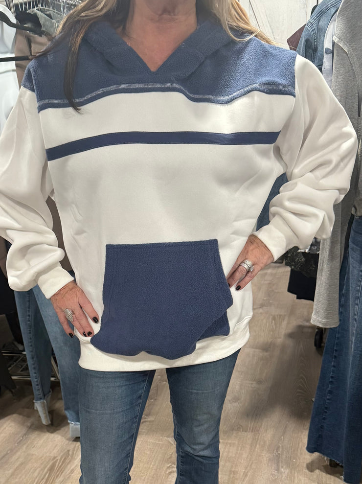 White Sweatshirt With Denim Fleece Accent Details