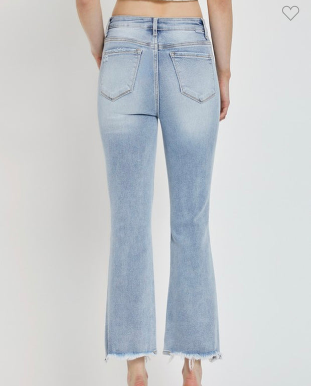 Light Wash High Rise Crop Bootcut Jeans With Distressing and Fray Bottom