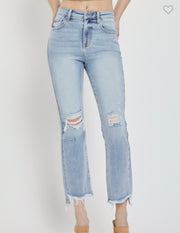 Light Wash High Rise Crop Bootcut Jeans With Distressing and Fray Bottom